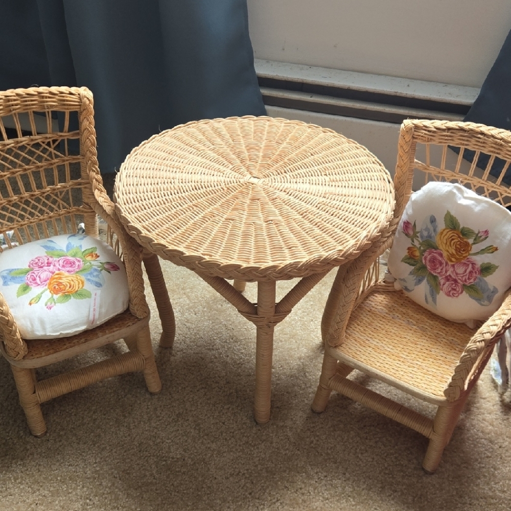 Wicker Table and Chair Set with Floral Cushions